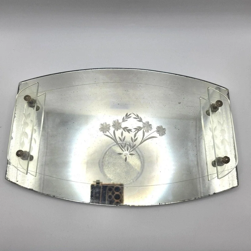 Vintage Art Deco Mirrored Vanity Tray Etched Floral Glass Handles Rosette Detail